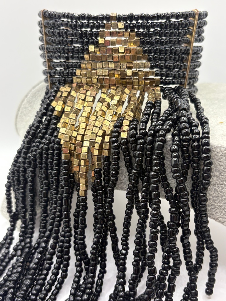 Black & Gold Beaded Fringe Collar Necklace Statement Piece 14-17â